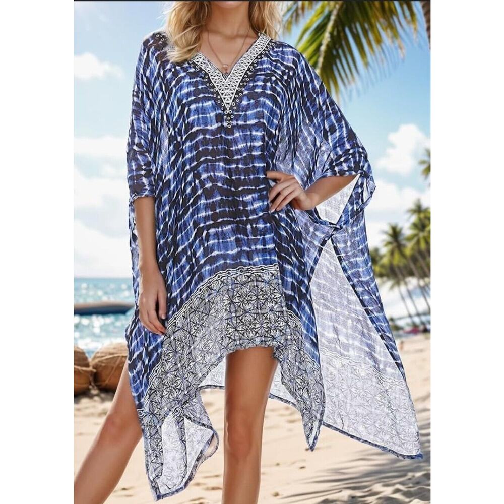 Moss Rose Women's OS Beach Cover Swimsuit Kimono Caftan Blue Bohemian Shells
